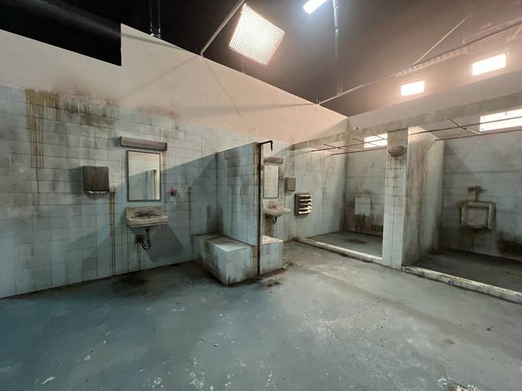 Prison washroom set, concrete and tile finished and aged in the shop